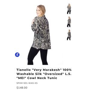 Tianello Silk Tunic Long Sleeve Cowl Neck Black White Size $148